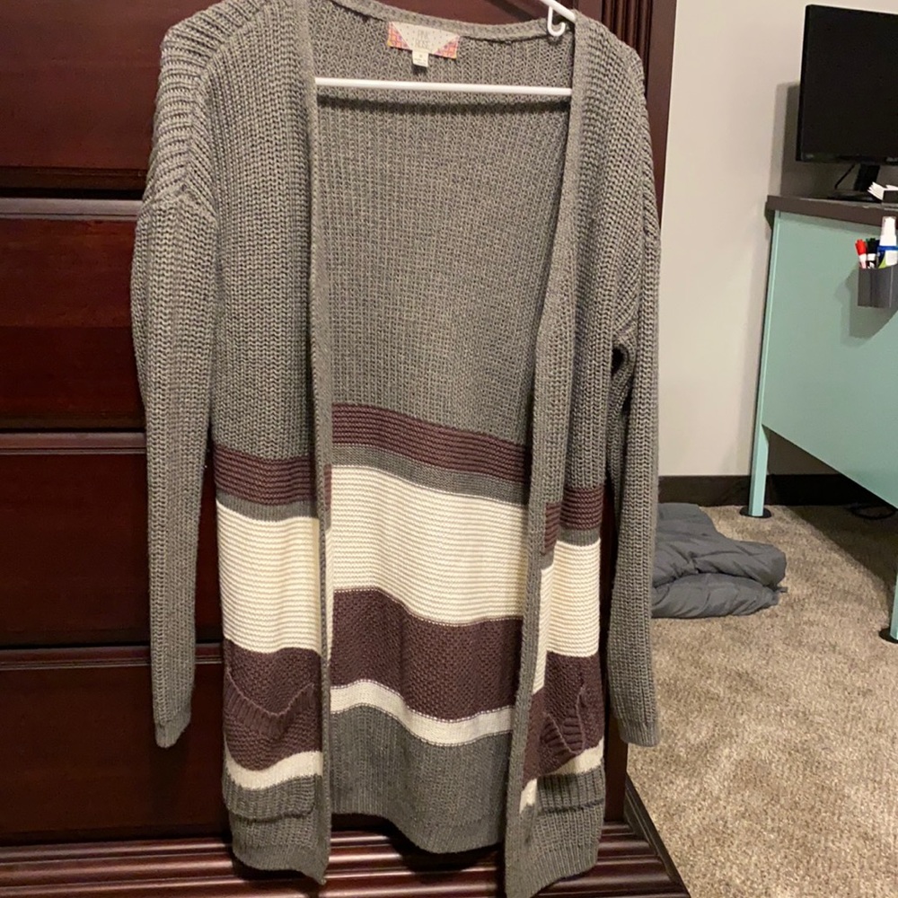 Grey Sweater with Purple and White Stripes